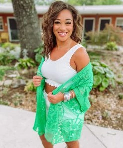 Umgee Izzie Floral Lace Open Front Kimono- Kelly Green