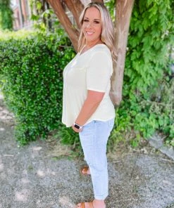 Zenana Premium Adele V Neck Relaxed Fit Round Hem Top- Banana