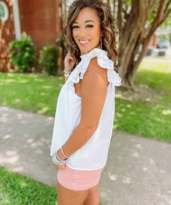 Entro Whitney Pleated Ruffle Round Neck Top- White Tops