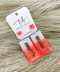Texas Bling Neon Fit Check Glitter Open Rectangle Earrings- White & Coral Sunrise