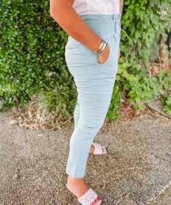 Must Have Jessica Square Buckle Belted Slim Fit Pants- Mint Bottoms