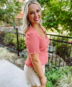 Entro Noa Ribbed Lettuce Hem Button Up Top- Salmon Tops