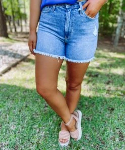 Just Black Denim Bella High Rise Frayed Hem Shorts- Medium Wash