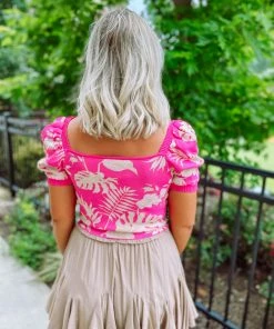 Flying Tomato Sallie Jacquard Contoured Puff Sleeve Top- Pink Tops