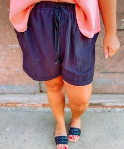 Kori Ashlyn Drawstring Waist Shorts- Black Plus