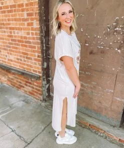 Faith Apparel Wild Flower Midi T-Shirt Dress- White Neutral Babe