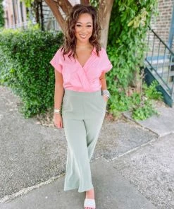 Flying Tomato Paulina Twist Front V Neck Top- Pink