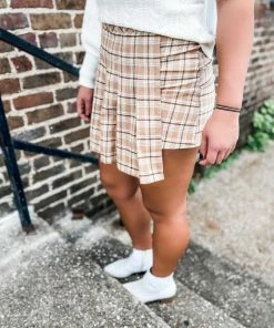 Very J Bottoms Julia Plaid Pleated Skirt- Mocha