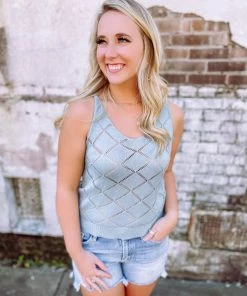 Trend Shop Tops Nevaeh V Neck Hollow Out Knitted Tank Top- Blue