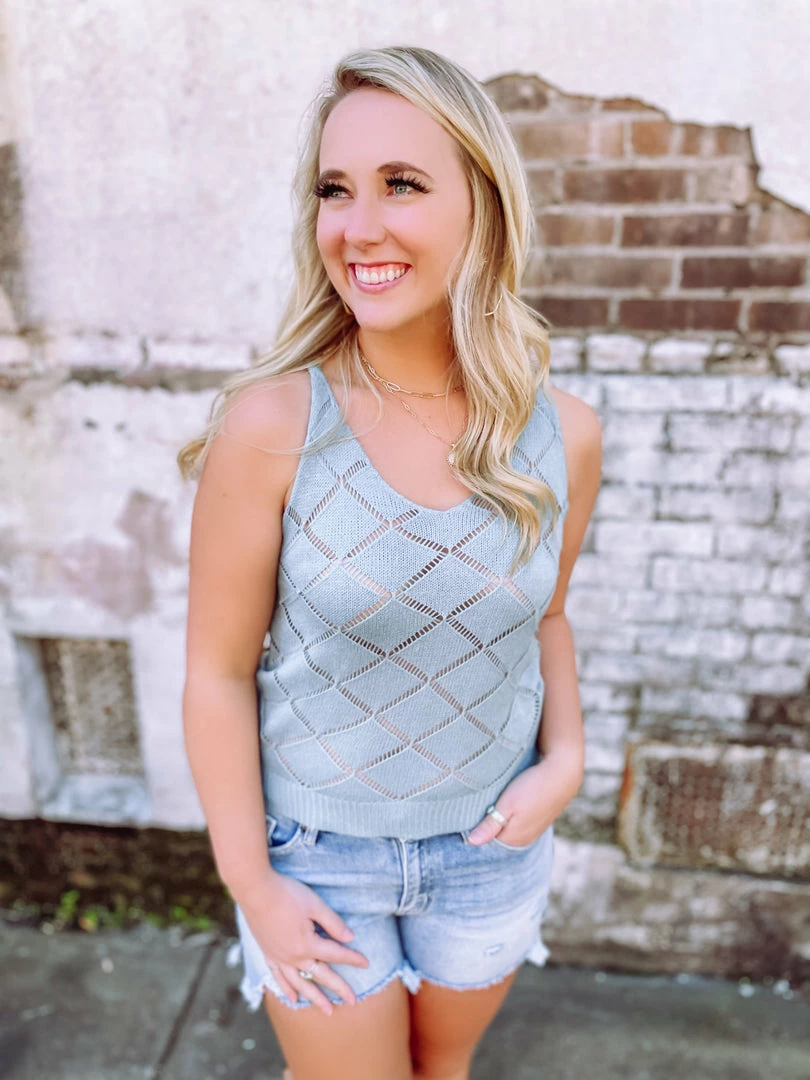 Trend Shop Tops Nevaeh V Neck Hollow Out Knitted Tank Top- Blue 1 Trend Shop Tops Nevaeh V Neck Hollow Out Knitted Tank Top- Blue