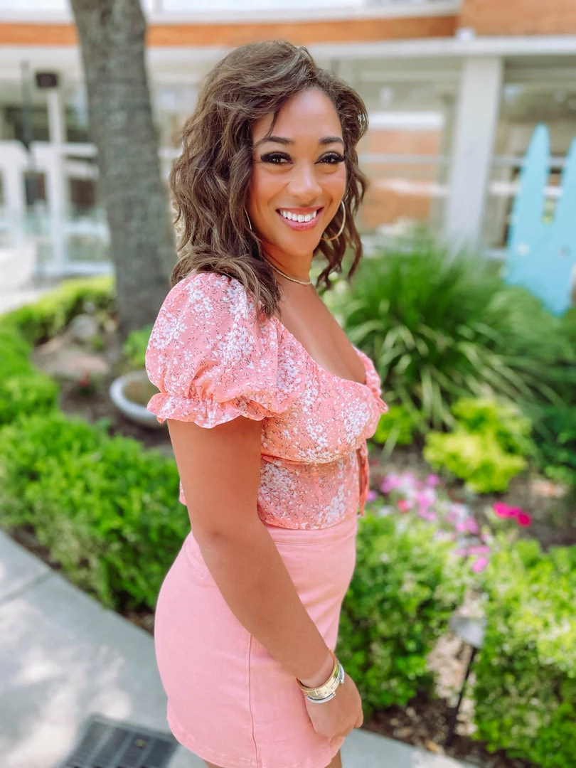 Love Tree Beatrice Floral Double Front Tie Top- Peach Tops 5 Love Tree Beatrice Floral Double Front Tie Top- Peach Tops