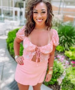 Love Tree Beatrice Floral Double Front Tie Top- Peach Tops