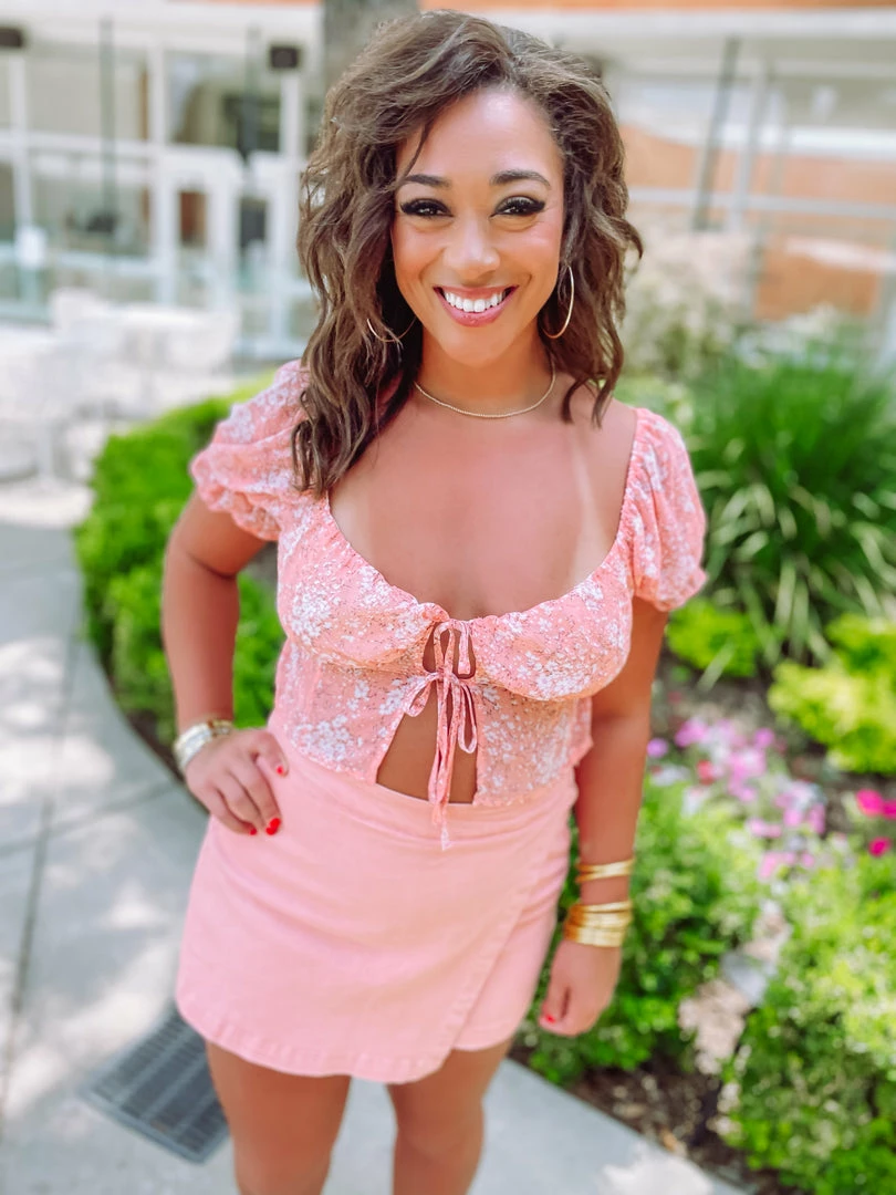 Love Tree Beatrice Floral Double Front Tie Top- Peach Tops 1 Love Tree Beatrice Floral Double Front Tie Top- Peach Tops