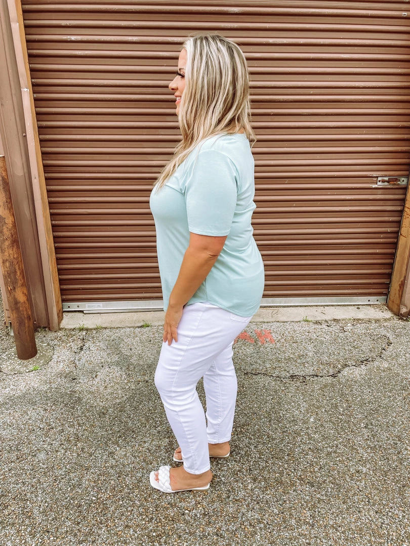 Zenana Premium Jana Flowy V Neck Round Hem Top- Light Green 3 Zenana Premium Jana Flowy V Neck Round Hem Top- Light Green