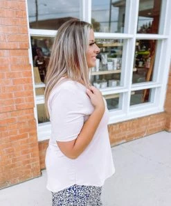 Zenana Premium Adele V Neck Relaxed Fit Round Hem Top- Cream Peach