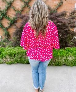 Umgee Plus Lexie Dalmatian Print Bell Sleeve Top- Hot Pink