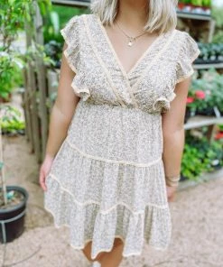 Ces Femme Maggie V Neck Tiered Floral Dress- Mustard Dresses