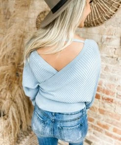 Love Tree Hansel Tie Front Wrap Sweater- Light Blue