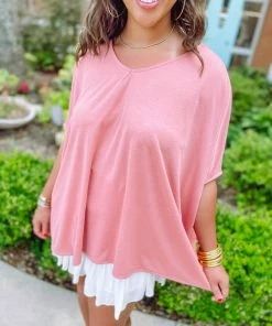 Easel Laramie Short Sleeve Oversized Tunic- Dusty Rose Tops