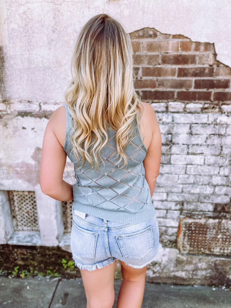 Trend Shop Tops Nevaeh V Neck Hollow Out Knitted Tank Top- Blue 6 Trend Shop Tops Nevaeh V Neck Hollow Out Knitted Tank Top- Blue