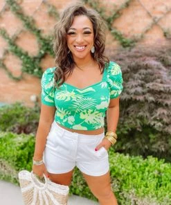 Flying Tomato Sallie Jacquard Contoured Puff Sleeve Top- Green