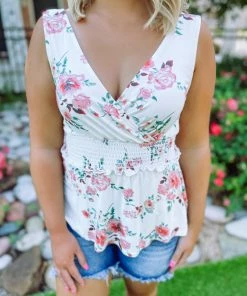 Entro Felicity Floral Surplice Ruched Waist Top Neutral Babe