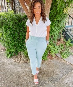Must Have Jessica Square Buckle Belted Slim Fit Pants- Mint Bottoms