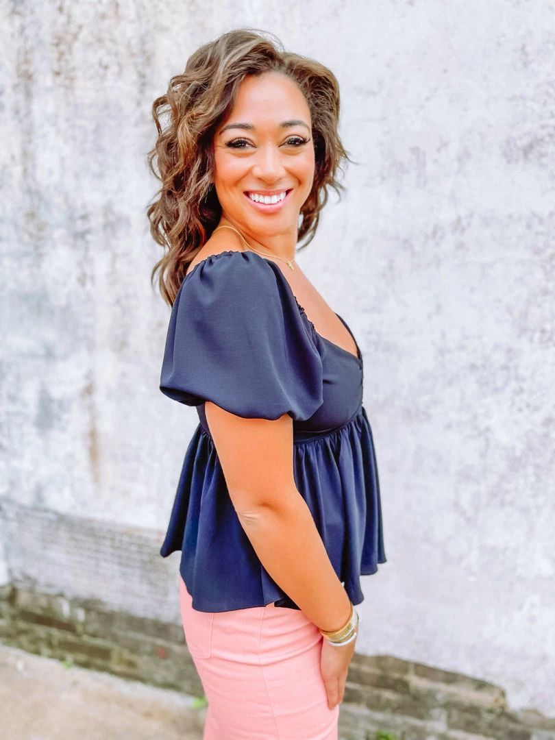 Entro Baylee V Neck Wire Puff Sleeve Top- Black 3 Entro Baylee V Neck Wire Puff Sleeve Top- Black