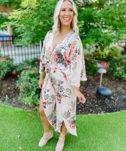 Cezanne Alyssa Floral Self Tie Kimono Jumpsuit Neutral Babe