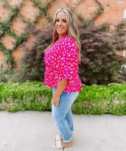 Umgee Plus Lexie Dalmatian Print Bell Sleeve Top- Hot Pink