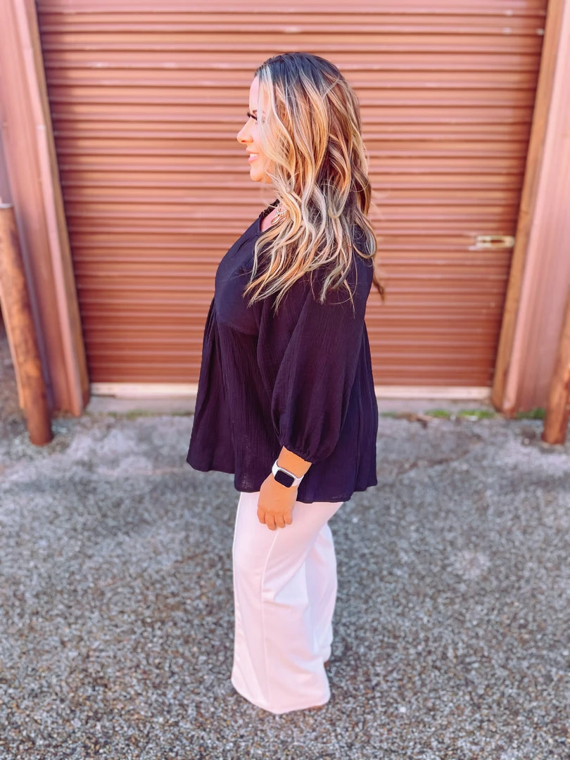 Umgee Ryleigh 3/4 Sleeve Smocked Shoulder Tunic Dress- Black 5 Umgee Ryleigh 3/4 Sleeve Smocked Shoulder Tunic Dress- Black