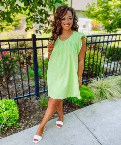 Haptics Lulu Eyelet Frill Neck Dress- Lime