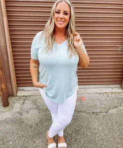 Zenana Premium Jana Flowy V Neck Round Hem Top- Light Green