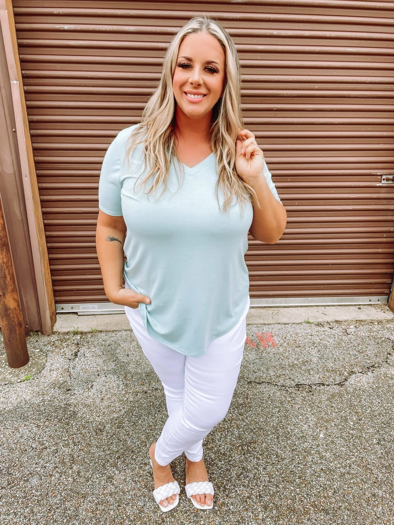 Zenana Premium Jana Flowy V Neck Round Hem Top- Light Green 1 Zenana Premium Jana Flowy V Neck Round Hem Top- Light Green