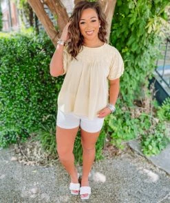 Easel Jill Pleated Short Sleeve Top- Mustard