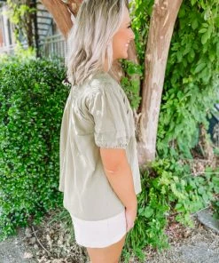 Easel Jill Pleated Short Sleeve Top- Sage Tops