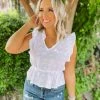 Love Tree Lisa Woven Sleeveless Ruffle Top- White Tops