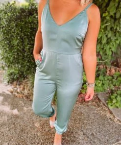 Blue Blush Trinity Satin Spaghetti Strap Jogger Jumpsuit Rompers & Jumpsuits