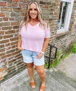 Zenana Premium Plus Jana Flowy V Neck Round Hem Top- Dusty Pink