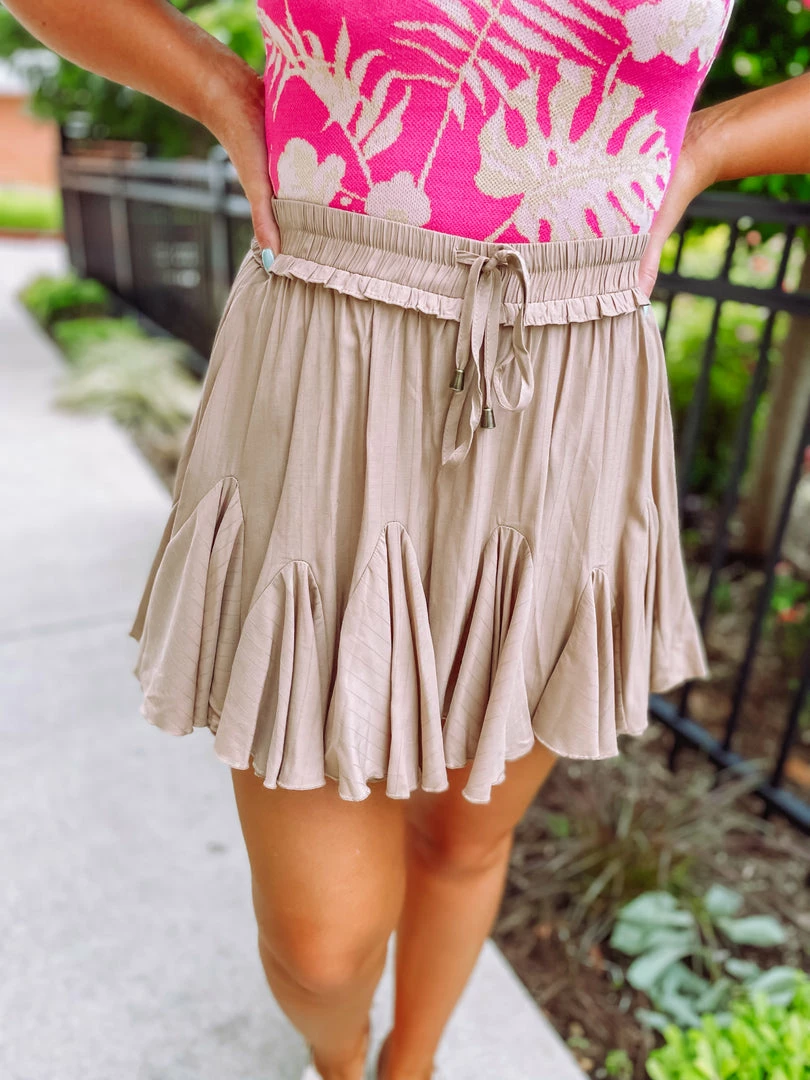 Entro Neutral Babe Maisie Solid Ruffle Detail Skort- Tan 1 Entro Neutral Babe Maisie Solid Ruffle Detail Skort- Tan