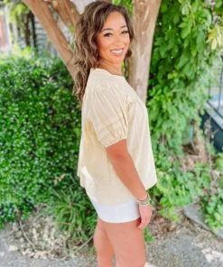 Easel Jill Pleated Short Sleeve Top- Mustard