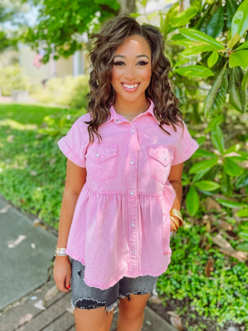 Entro Tops Jaylin Denim Collared Babydoll Top- Pink 1 Entro Tops Jaylin Denim Collared Babydoll Top- Pink