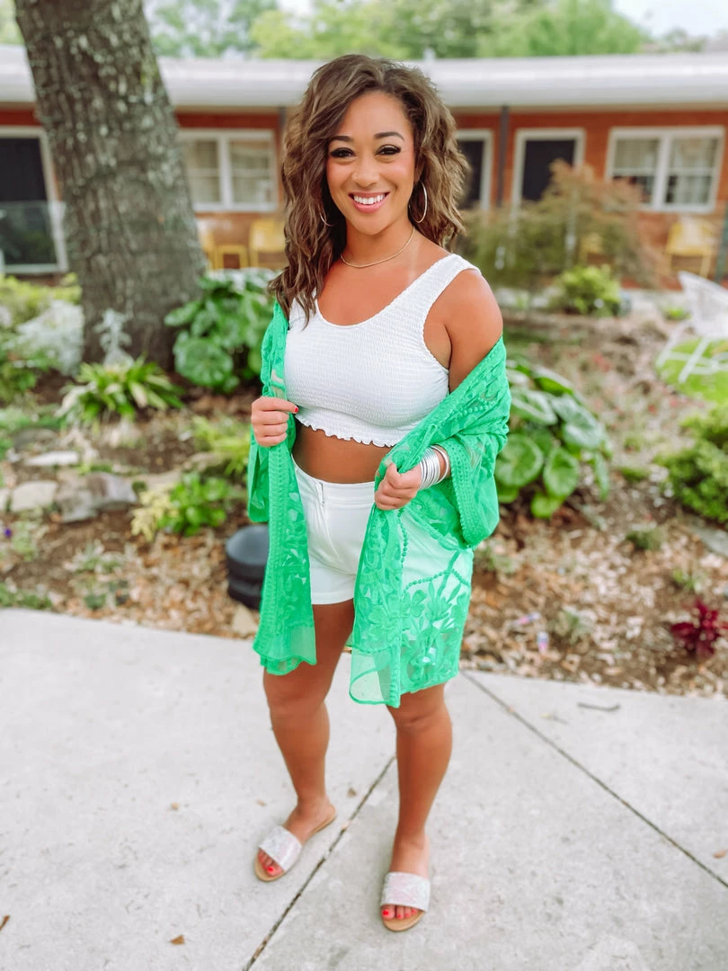 Umgee Izzie Floral Lace Open Front Kimono- Kelly Green 3 Umgee Izzie Floral Lace Open Front Kimono- Kelly Green