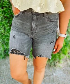 Risen Berkley High Rise Distressed Mid Thigh Shorts