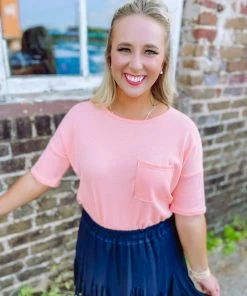 BomBom Tops Jordyn Crewneck Waffle Knit Top- Coral