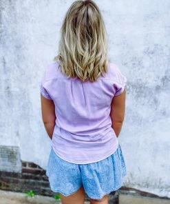 Trend Notes Sydney Short Sleeve Button Up Shirt- Lilac Tops