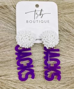 Texas Bling Purple Jacks White Pom Earrings