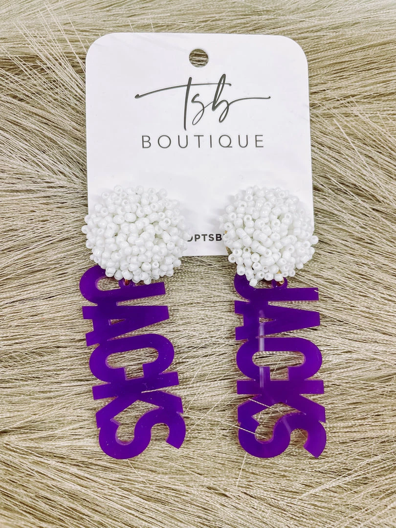 Texas Bling Purple Jacks White Pom Earrings 1 Texas Bling Purple Jacks White Pom Earrings