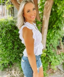 Love Tree Lisa Woven Sleeveless Ruffle Top- White Tops
