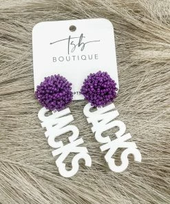 Texas Bling SFA White Jacks Dark Purple Pom Earrings